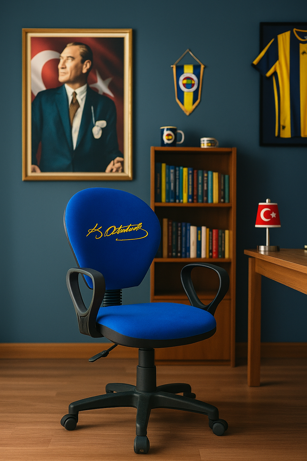 Atatürk İmzalı Fb Taraftar Çocuk Çalışma Koltuğu Sarı Lacivert Tekerlekli Döner Ofis Ders Sandalyesi