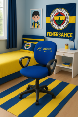 Atatürk İmzalı Fb Taraftar Çocuk Çalışma Koltuğu Sarı Lacivert Tekerlekli Döner Ofis Ders Sandalyesi
