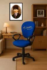 Atatürk İmzalı Fb Taraftar Çocuk Çalışma Koltuğu Sarı Lacivert Tekerlekli Döner Ofis Ders Sandalyesi